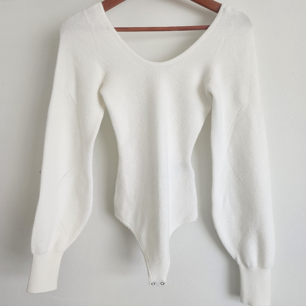 Abercrombie & Fitch Ribbed V-Neck Sweater Balloon Sleeve Bodysuit Small White - Picture 2 of 12